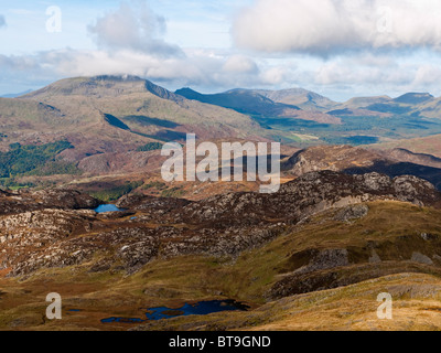 The mountain of Moel Hebog viewed from Cnicht, across Llyn yr Arddu. The Nantlle ridge can be seen in the background Stock Photo