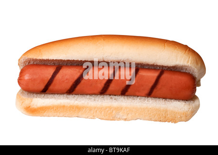 Plain hot dog with grill marks isolated on white background with clipping path. Stock Photo