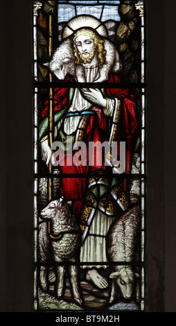 A Stained Glass Window depicting Jesus as The Good Shepherd, Challacombe Church, Devon Stock Photo
