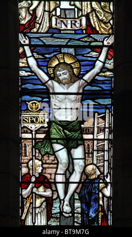 A stained glass window depicting The Crucifixion, Parish Church of St Mary the Virgin, Luccombe, Somerset Stock Photo