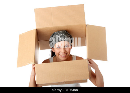 Young beautiful woman with packages for house moving (isolated on white) Stock Photo