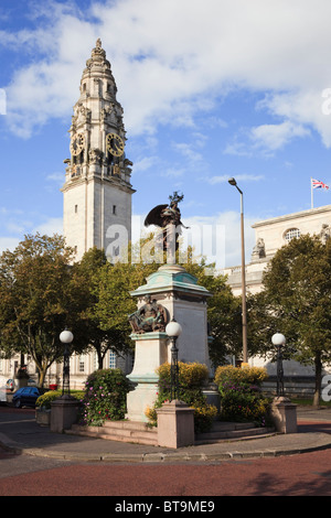 South African Boer war memorial statue and City Hall clock tower Cathays Park, Cardiff, South Glamorgan, South Wales, UK, Britain. Stock Photo