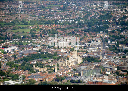 Aerial view of Gloucester with Kingsholm rugby stadium (left) Cathedral and prison (bottom right) UK Stock Photo