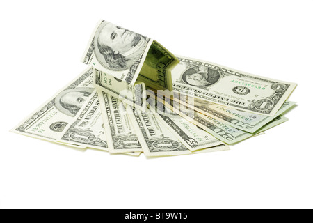 Money house and US dollar notes on white background Stock Photo