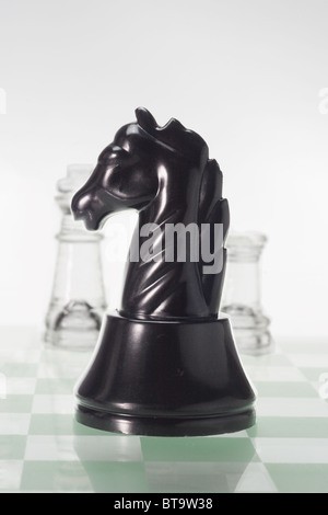 Black knight on glass chessboard Stock Photo