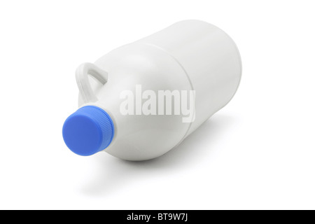 Plastic bottle of household detergent lying on white background