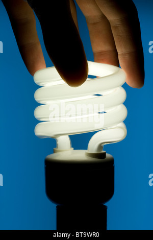 Hand Installing Energy Efficient Fluorescent Light Bulb Stock Photo