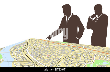 Illustration of two men standing by a generic city map Stock Photo