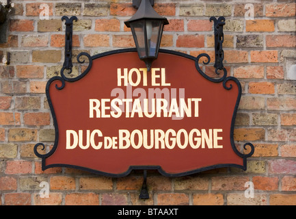 Duc de Bourgogne Hotel and restaurant sign, Bruges, Belgium, Europe Stock Photo