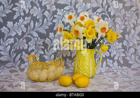 Vintage kitchen, lemons, egg beater, spring daffodil flowers in vase, yellow pitcher, pots,wire chicken with eggs, lemons with lace curtain, USA US Stock Photo