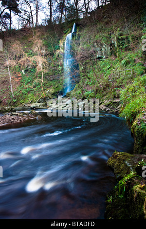 Mallyan Spout Waterfall and West Beck in Winter, near Goathland, North York Moors National Park Stock Photo