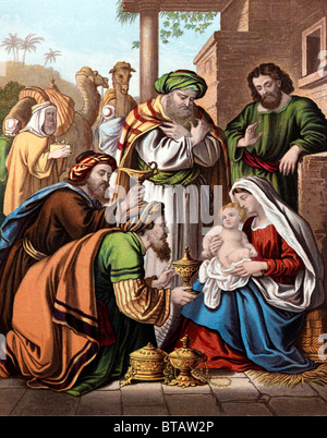 Painting Of The Nativity Three Wise Men Bearing Gifts For Baby Jesus Stock Photo