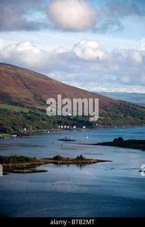The Cal Mac Ferry in the Kyles of Bute from above Tighnabruaich Argyll West Western Highlands of Scotland United Kingdom Stock Photo