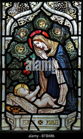 A stained glass window depicting The Nativity, Parish Church of St Mary, Luxborough, Somerset Stock Photo