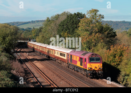 The Venice Simplon Orient Express luxury dining train passing though the Kent countryside at Otford Junction in Kent. Stock Photo