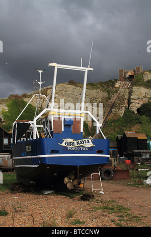 Fishing Boat on beach at Hastings Stock Photo