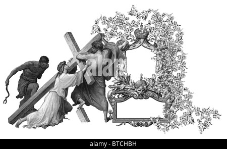 Victorian frame with Jesus Christ Bearing the Cross. Stock Photo