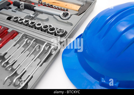 Safety blue helmet and tool box for workers Stock Photo