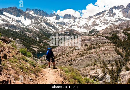Backpacker on the High Trail to Thousand Island Lake,  Eastern Sierras, California Stock Photo