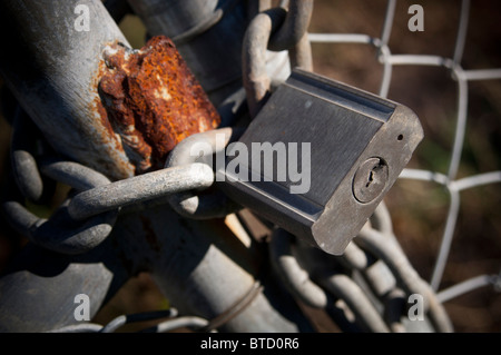 Large old padlock and chain on a wire gate Stock Photo