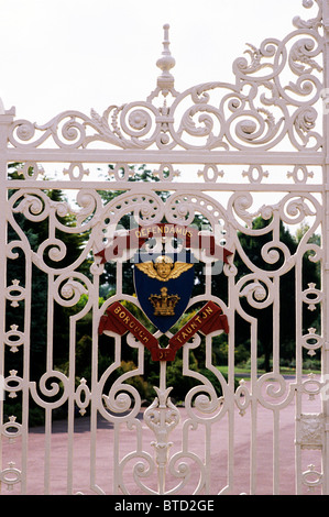 Taunton, Vivary Park Gates, town crest coat of arms heraldry English victorian white painted wrought iron Somerset England UK