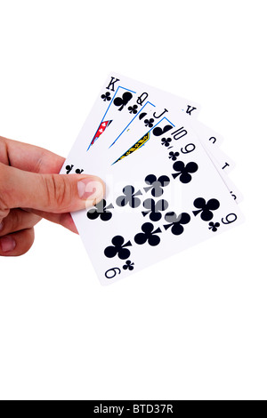Hand holding Playing Cards isolated on white background closeup Stock Photo