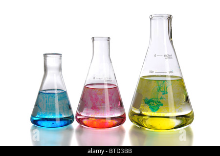 Laboratory glassware with reflections isolated over white background - With clipping path Stock Photo