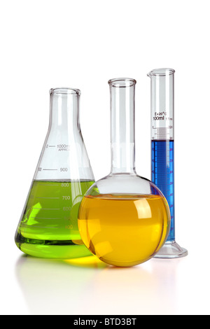 Laboratory glassware with reflections on table isolated over white background - With clipping path on glass Stock Photo