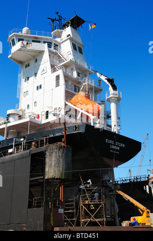 The EURO STORM container ship in a dry dock at the Port of Hamburg, Germany. Stock Photo