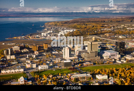 Aerial view of the downtown Anchorage skyline with Mt. Susitna ...