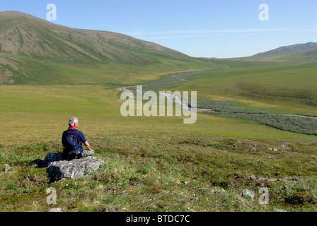 Senior male hiker resting on a rock outcrop enjoying the scenic view of tundra at Caribou Pass, ANWR, Arctic Alaska, Summer Stock Photo