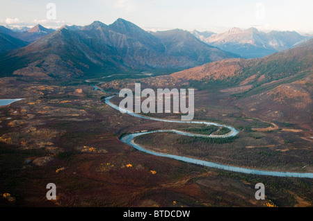 Aerial view of the Kobuk River winding through Endicott Mountains in Gates of the Arctic National Park & Preserve, Alaska, Fall Stock Photo