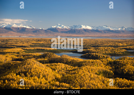 Aerial View of the lakes and Birch forests at Point Mackenzie across from Anchorage, Chugach Mountains, Alaska Stock Photo
