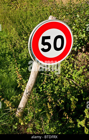 Modern road traffic sign indicating 50 kph speed limit - Indre-et-Loire, France. Stock Photo