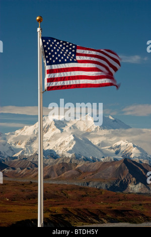 View of American Flag with Mt. McKinley in the background, Denali National Park, Interior Alaska