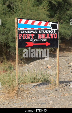 Fort Bravo signpost (former spaghetti western movie set) in Tabernas, Spain Stock Photo
