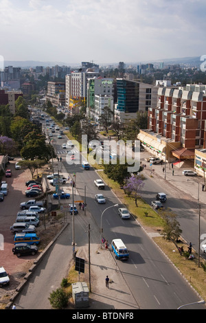 Aerial street scene in Addis Ababa showing traffic and modern buildings Stock Photo