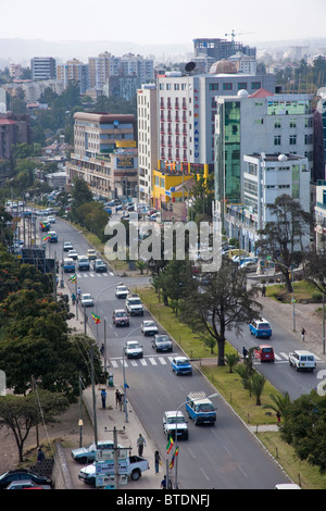 Aerial street scene in Addis Ababa showing traffic and modern buildings Stock Photo