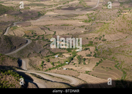Agricultural fields with teff and the surrounding countryside viewed from Lalibela Stock Photo