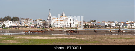Horses running in the marshes in front of the village of El Rocio, Huelva province, Spain Stock Photo