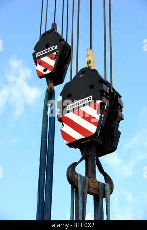 2 big crane hooks, of a mobile crane. Stock Photo