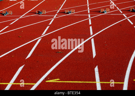 Sports area, running track, red tartan track. Stock Photo