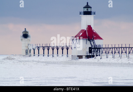St. Joseph North Pier Lighthouse in Winter Stock Photo