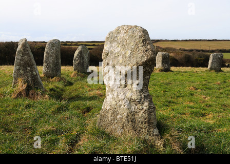 The ' merry maidens ' stone circle near Lamorna in Cornwall, UK Stock Photo