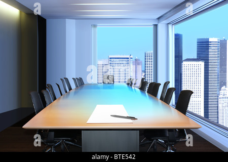 meeting room, in front focus placed sheet of paper and pen on table Stock Photo