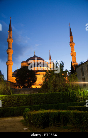 Sultan Ahmed Mosque - blue mosque with 6 minarets in Istanbul Turkey. Twilight  from Sultanahmet square portrait  101360 Turkey Stock Photo