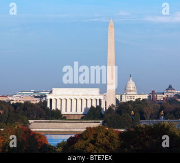 Lincoln Memorial, Washington Monument and Capitol buildings aligned Stock Photo