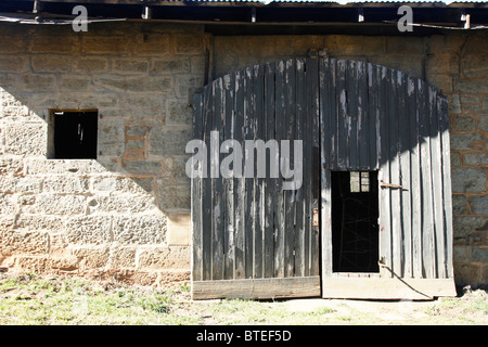 An old barn door with the paint peeling off it Stock Photo