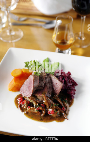 Venison Steaks with Wild Mushrooms, Craggan Mill Restaurant and Gallery, Grantown-on-Spey, Scotland Stock Photo