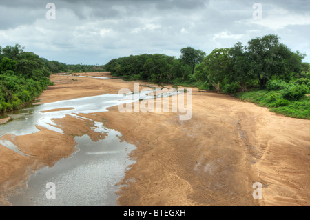 Shingwedzi river bed and some water flowing with thick vegetation on the riverbanks Stock Photo